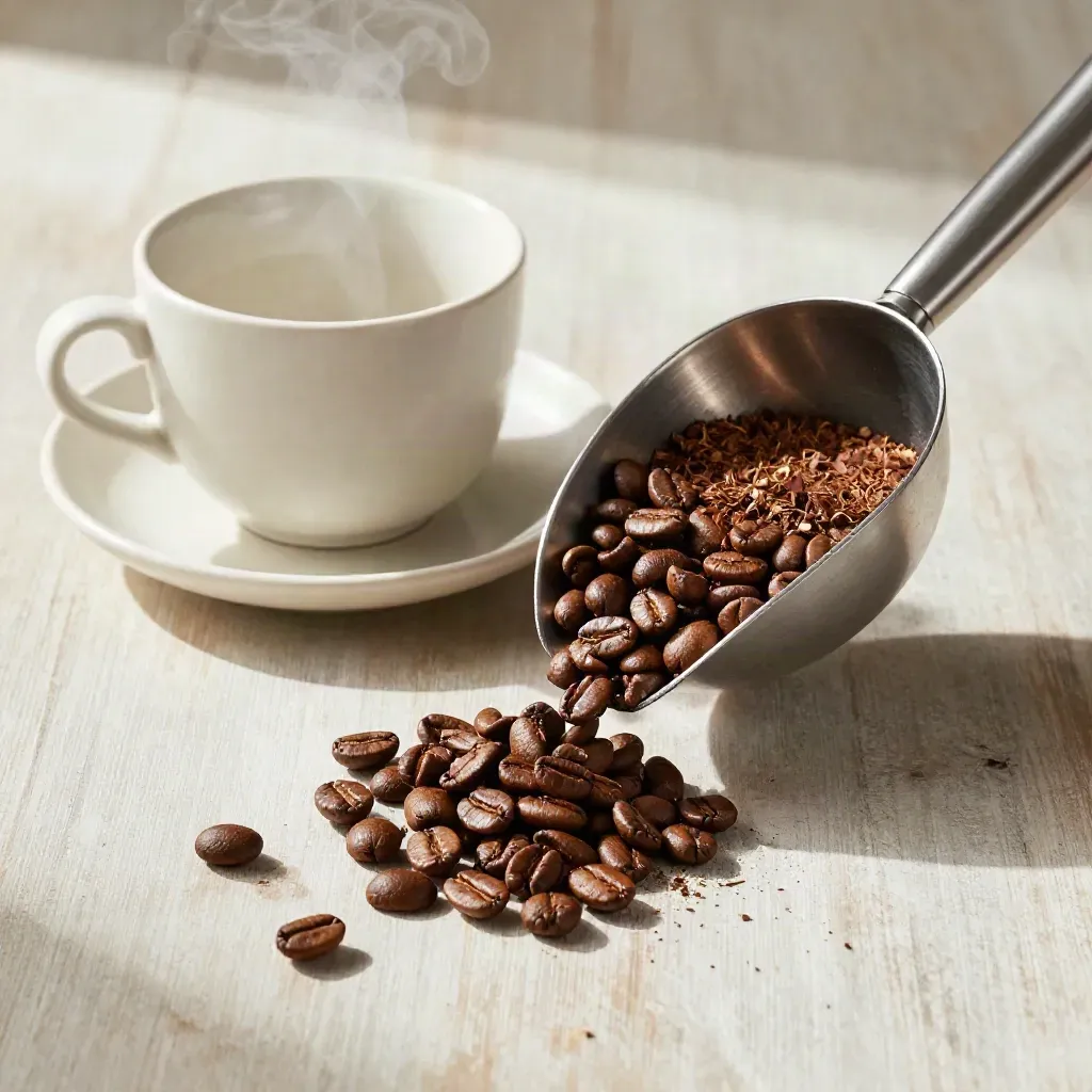 Coffee-roastery still life with cup, scoop, bean hopper and roasted beans on pale wood