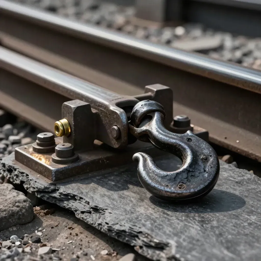 Dark coupler hook and steel plate on slate with brass ferrule, lit with dust.