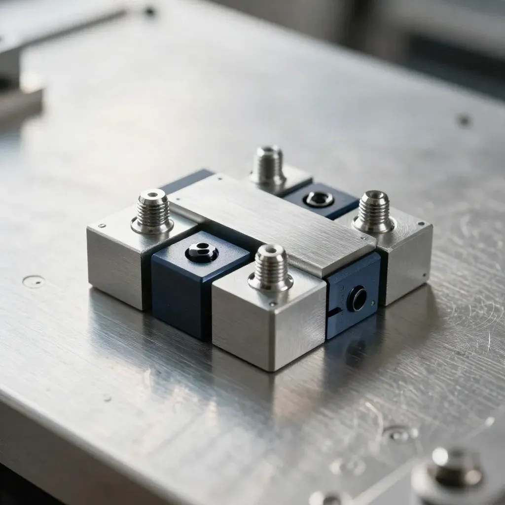 Macro flat lay of anodized aluminum blocks and steel fasteners on brushed metal, with a navy accent.