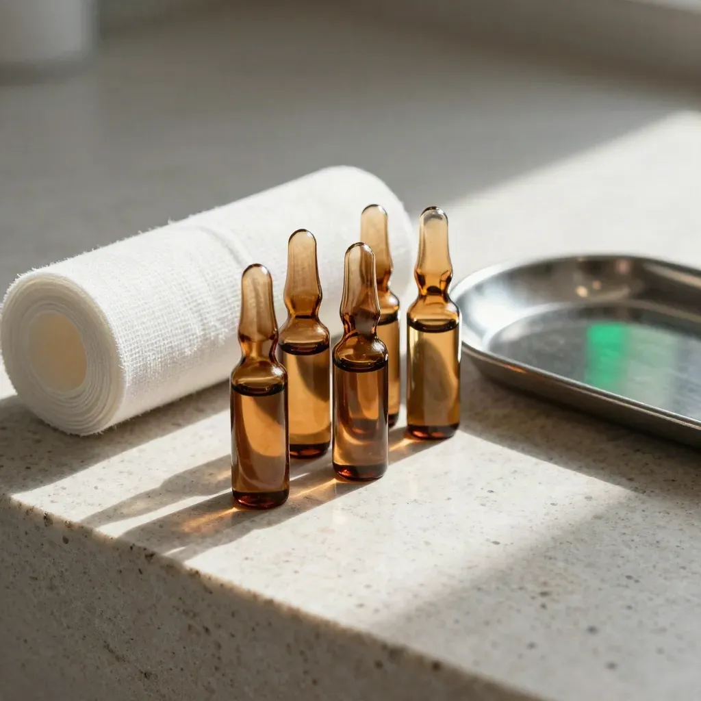 Amber vials, rolled gauze, and a steel tray on pale limestone with emerald glint