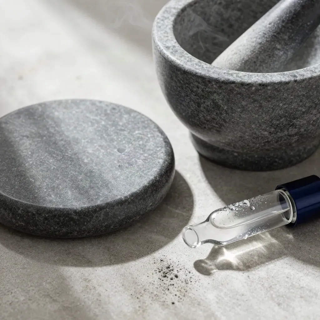 Macro still life of mortar, pestle and atomizer on brushed concrete with mist.
