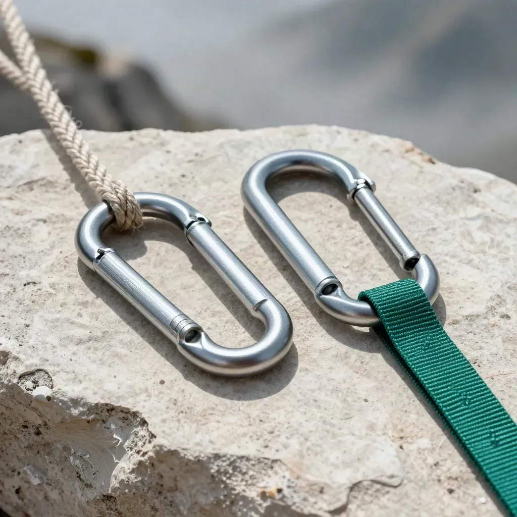 Climbing carabiners, rope coil, and belay device on pale plaster with dramatic mountain haze.