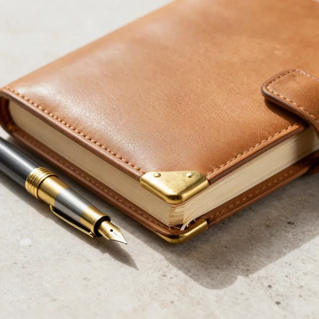 Leather coaching journal with brass corners and pen cap on pale stone, shot in tight macro.