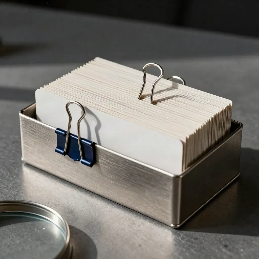 Modular index-card box with divider tabs and binder clips on brushed metal under dramatic studio light.