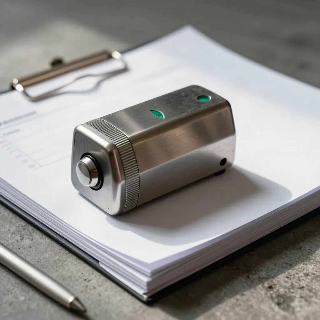 Brushed-metal timer beside audit sheets on charcoal concrete, lit from upper left.