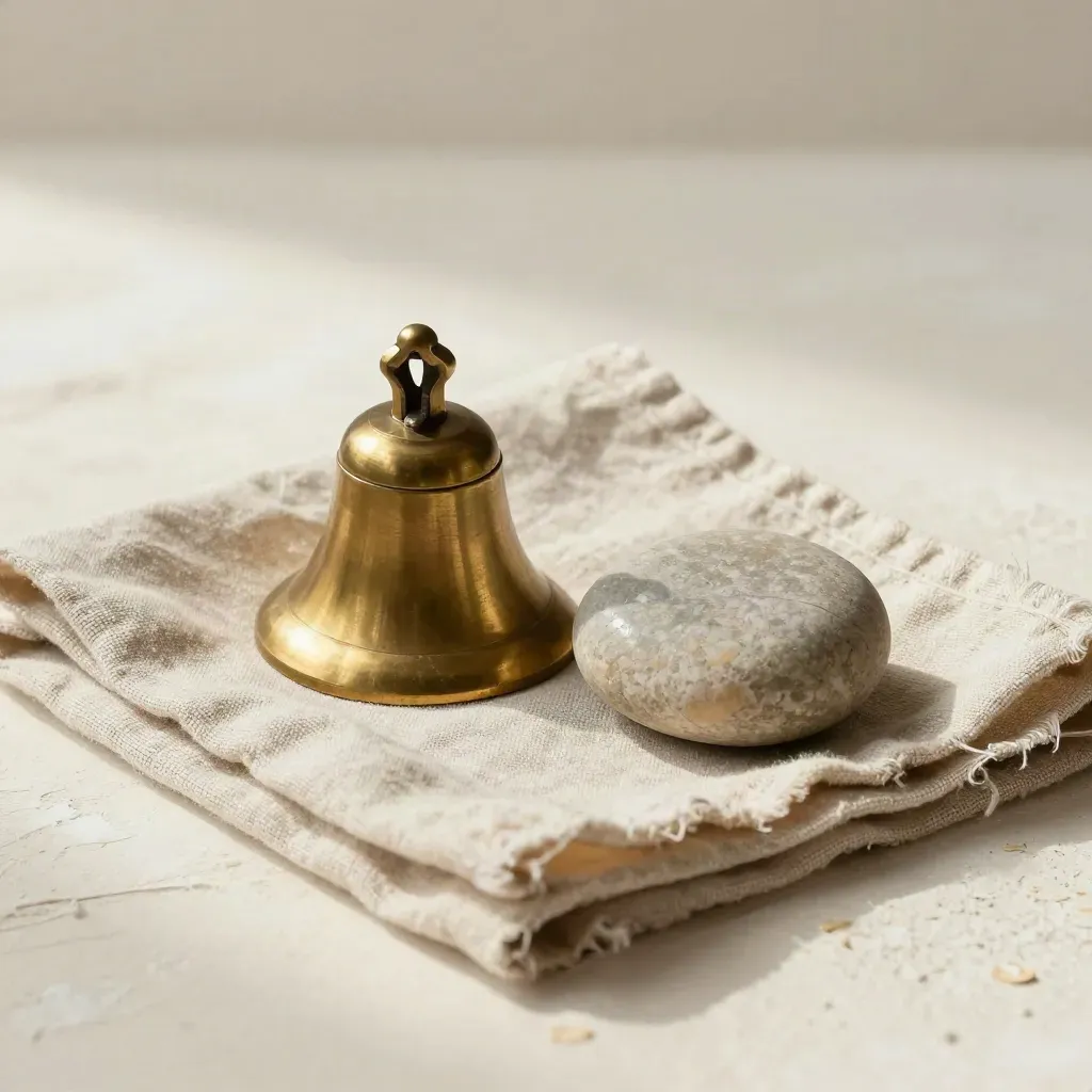 Brass bell and smooth river stone on folded linen over pale plaster, softly lit