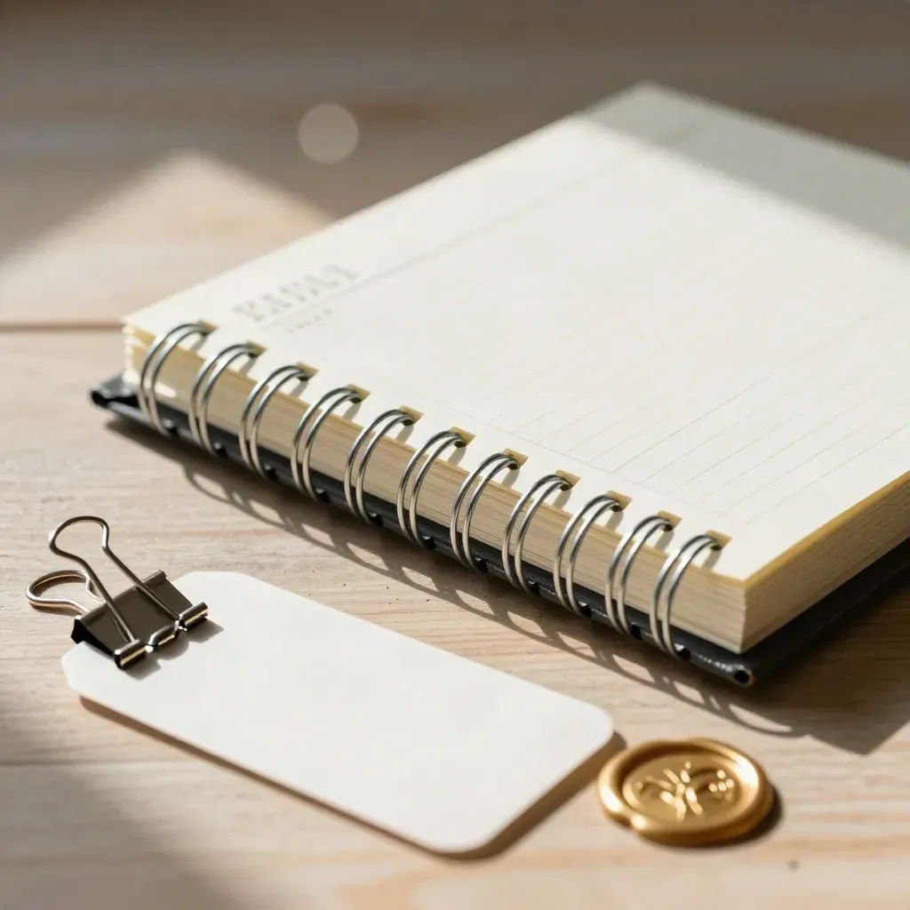 Planner clipped shut with gold seal on pale wood, viewed close from above.