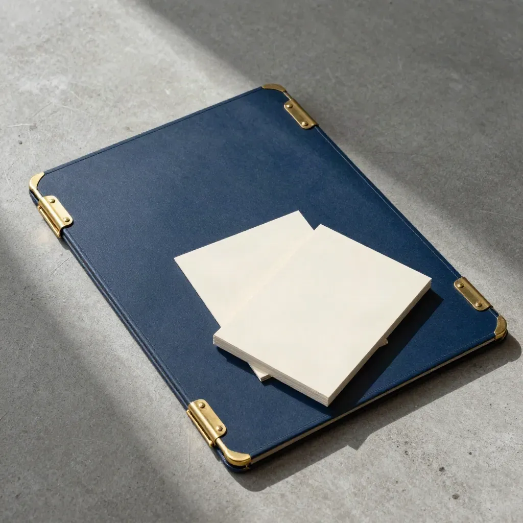 Top-down navy folding workshop boards with brass hinges and blank cards on concrete
