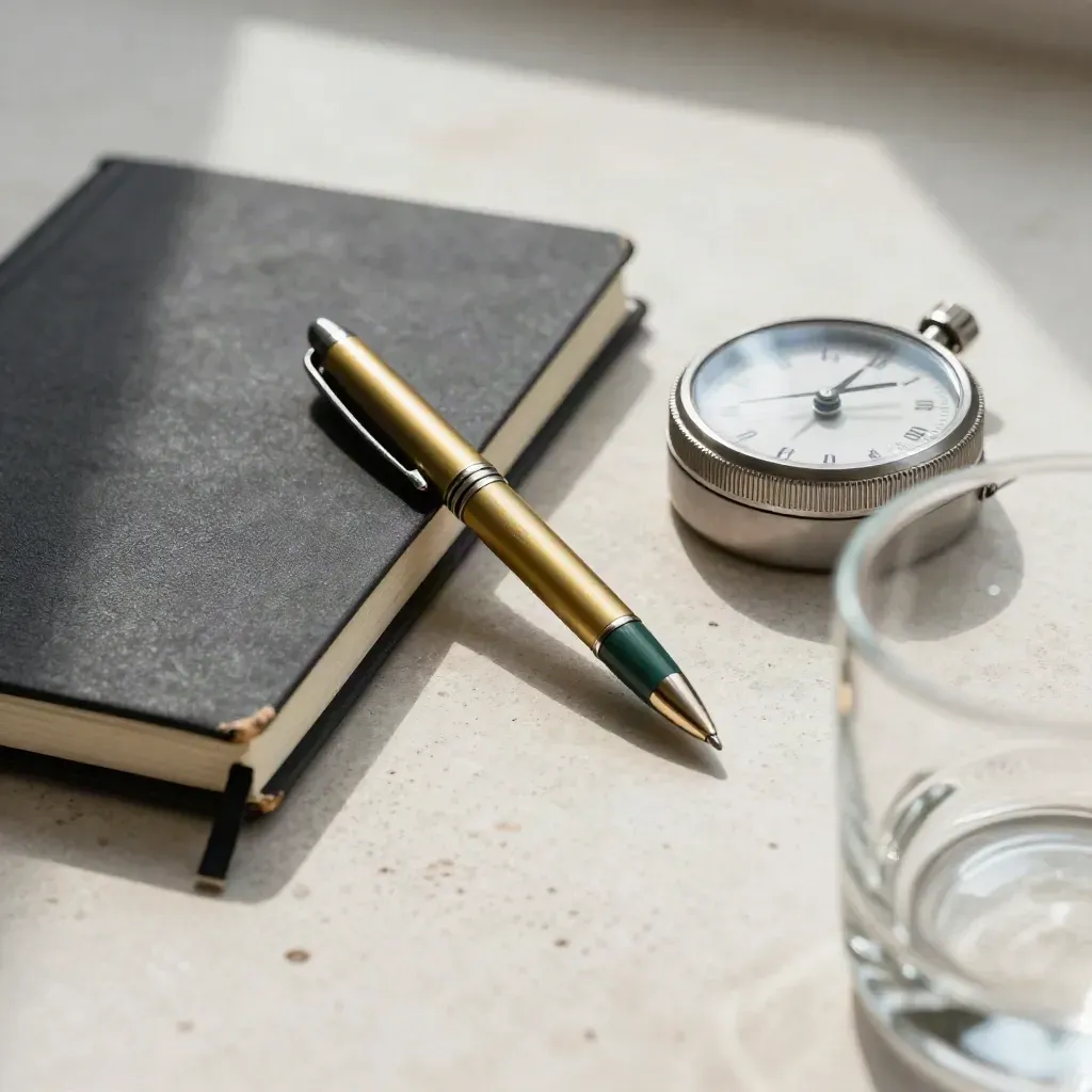 Notebook, brass pen and timer on stone, seen through a blurred glass tumbler.