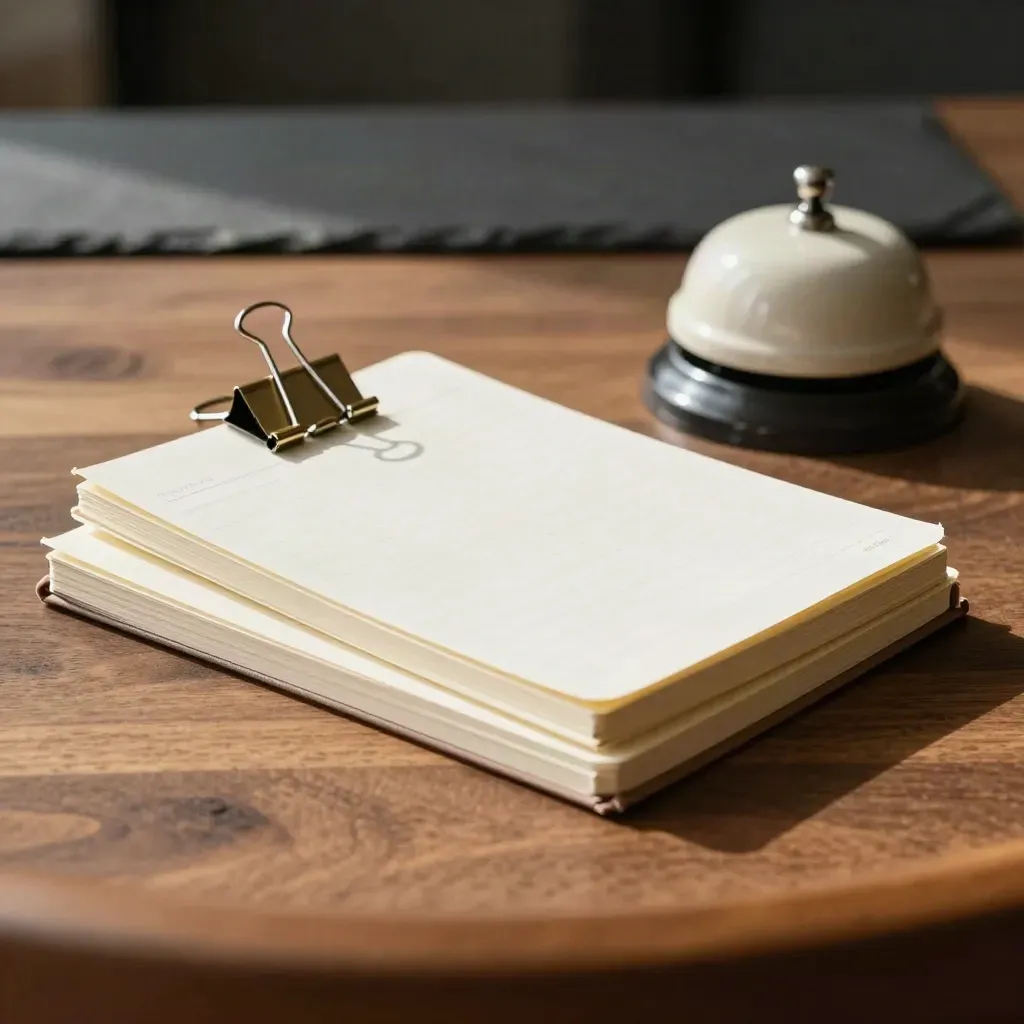 Three slim notebooks, a table bell, and binder clip on warm wood, seen through a blurred chair back.