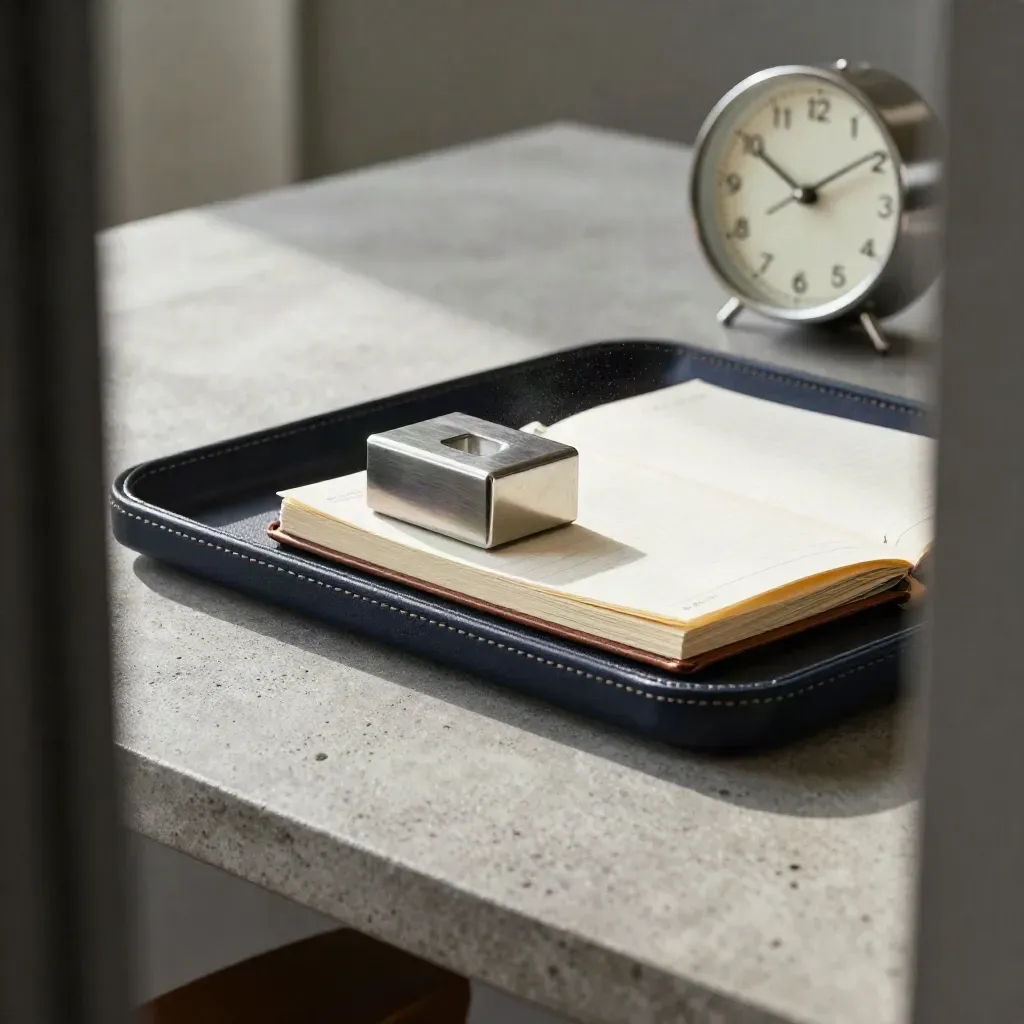 Close-up of a manager’s desk with notebook, paperweight, clock and leather tray on concrete