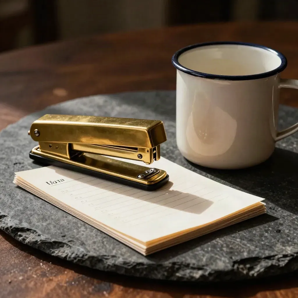 Brass stapler, folded cards, and an enamel mug on dark stone with dramatic studio light.