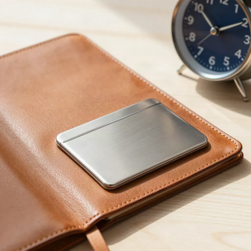 Macro still life of a leather folio, metal card case and desk clock on pale wood.