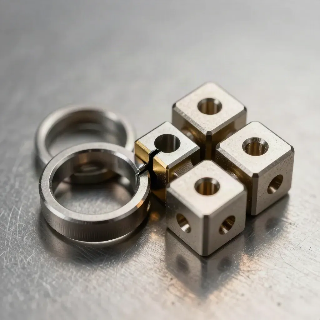 Linked machined rings, spring clip and connector blocks on brushed metal with a gold accent, in macro detail.