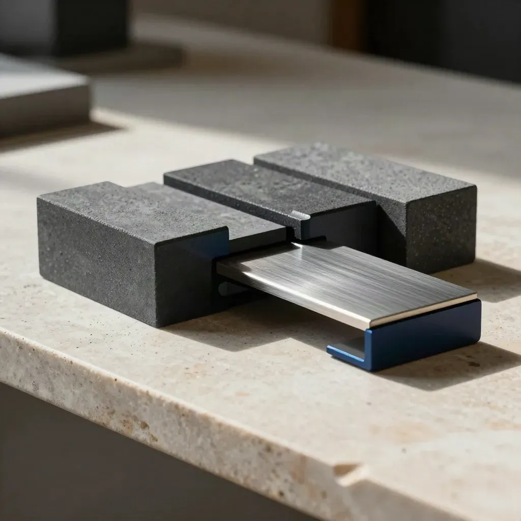 Graphite modular blocks joined by a brushed bridge plate on pale limestone in dramatic light.