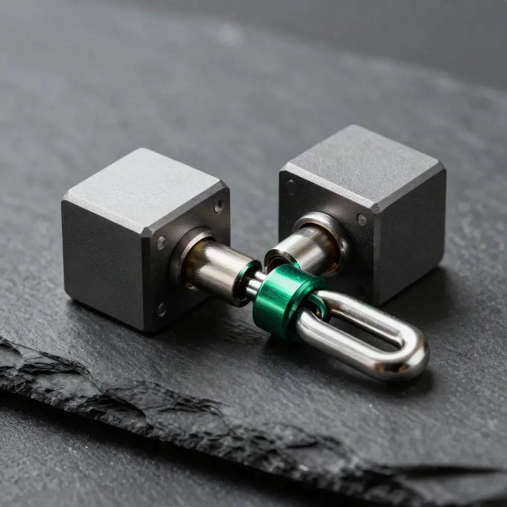 Graphite connector cubes linked by a polished bar on charcoal slate, with a looped cable ferrule.