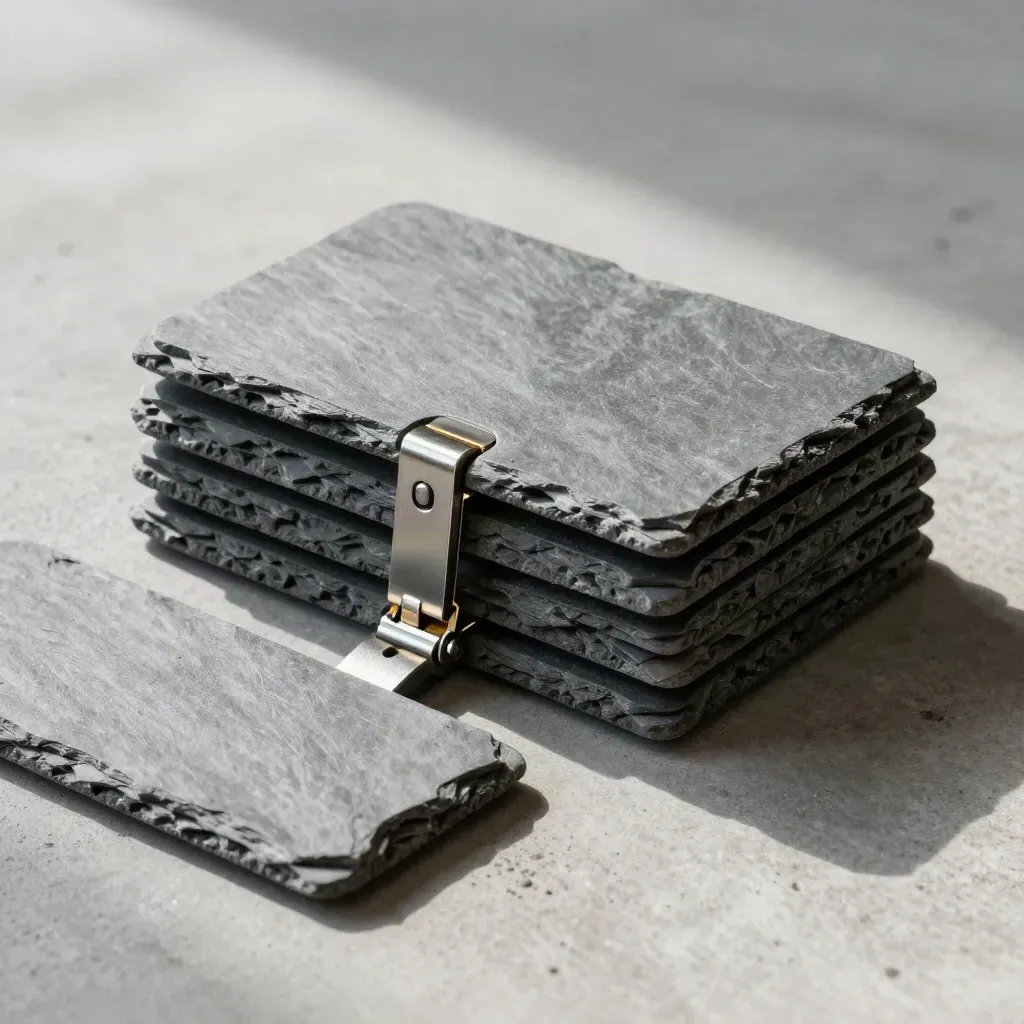 Top-down slate workflow blocks clamped together on brushed concrete with a gold accent.